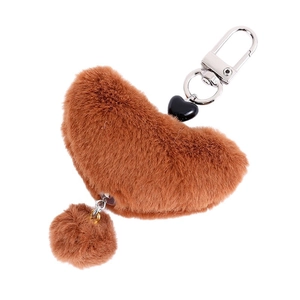 Caramel brown plush heart keychain with soft fur ball and silver metal clasp hanging