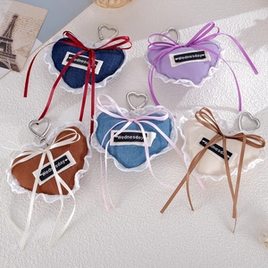 Korean style heart shaped denim pendants with lace trim and ribbon bow in multiple colors