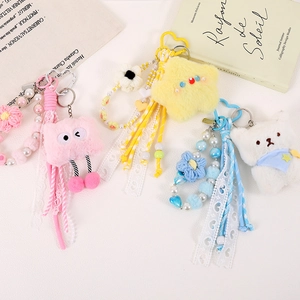 Cute Plush Star Biscuit Bear Bag Charm Keychain With Artificial Pearl Lace Ribbon Bow For Women Schoolbag Decoration