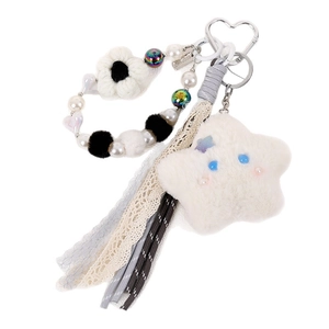 Cute plush star keychain with faux pearls and lace ribbon for bags and phones