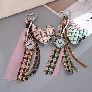 Retro fabric plaid heart bag charms with woven rope and pink ribbon accents