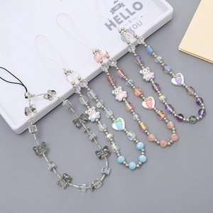Cute Bear Heart Carrot Acrylic Beaded Phone Lanyard Handmade Crystal Bead Mobile Phone Chain Anti Lost Bag Charm Women Accessory