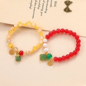 Bracelet de Perles en Verre Coloré de Style Chinois Vintage pour Femmes Pendentif Fu Chanceux Perle Artificielle Strass Alliage Bijoux Cadeau