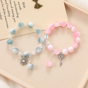 Handmade Glass Glaze Ice Crackle Beaded Bracelet With Metal Heart Butterfly Key Clover Charm Fashion Jewelry For Women