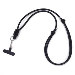 Crossbody black leather phone lanyard with woven knots and silver metal ring connector