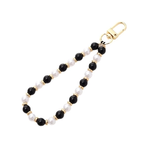 Handmade beaded lanyard with black and white agate stones and gold lobster clasp charms