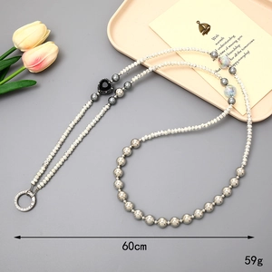 60cm crystal beaded phone strap with silver metal beads and black heart pendant