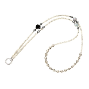 Crossbody crystal beaded phone strap with black heart pendant and silver metal beads