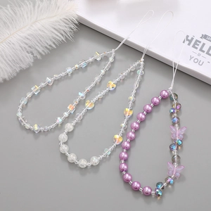 Ins Style Crystal Heart Beaded Phone Lanyard Anti-Lost Charm Handmade Acrylic Artificial Pearl Butterfly Phone Chain For Women Camera Pendant