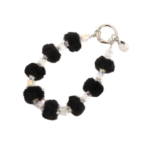 Black faux fur pom pom and iridescent bead chain with silver spring clasp for bags