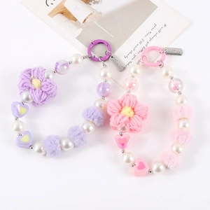 Floral knit beads keychain with pearls, plush ball and Good Luck charm for bags