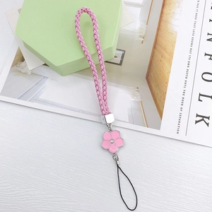 Pink woven leather phone strap with flower pendant and sparkling crystal accent