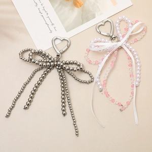 Elegant Bow Knot Beaded Keychain Faux Artificial Pearl Crystal Bag Charm Heart Buckle Silver Metal Bead Pendant For Women Bag Accessories