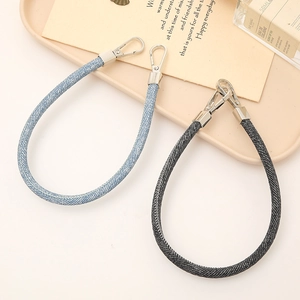 Dual-clasp denim wrist lanyards in light blue and grey with silver lobster clips