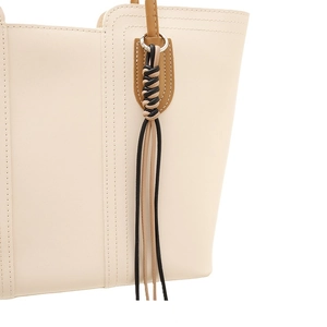 Chic off-white PU leather tote bag with braided tassel pendant and brown shoulder strap