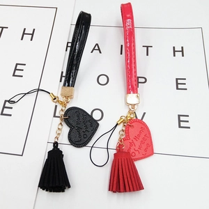 PU Leather Heart Tassel Phone Strap Charm For Women Bags Keyrings Sweet DIY Hanging Accessories Gold Metal Hook Pendant