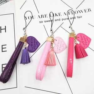 DIY PU leather heart tassel phone strap charms in purple, pink, and rose red colors