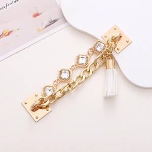 Golden alloy chain with square rhinestones and white tassel for DIY accessories