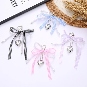 Korean Style Plaid Bow Artificial Pearl Keychain For Women Heart Charm Fabric Ribbon Bag Pendant Versatile Fashion Accessory Gift