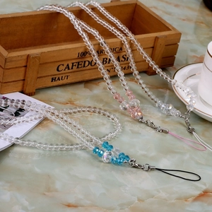 Handmade clear crystal beaded nylon lanyard for phones with pink accents and metal clasp