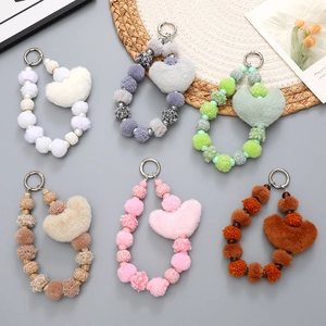 Creative plush heart beaded charms with metal clasps for phones and bags in six colors