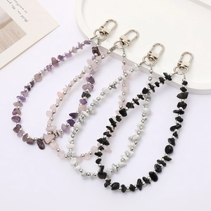 Natural Stone Beaded Phone Charm Amethyst Rose Quartz Chips Keychain Bag Accessory For Women Fashion Jewelry Hanging Ornament