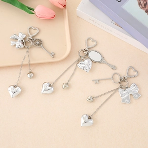 Y2K silver heart and bow keychain pendant set with vintage key and mirror charms