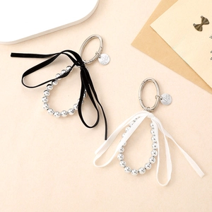 Fashion Korean Style Silver UV Bead Ribbon Bow Keychain For Women Elegant Satin Velvet Ribbon Bowknot Pendant Bag Charm Keyring Accessory