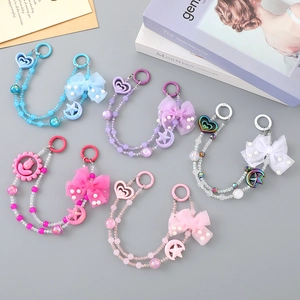 Sweet Crystal Beaded Bag Charm Double Layer Heart Star Pendant With Fabric Bow Faux Artificial Pearl Phone Lanyard Wrist Strap Keychain