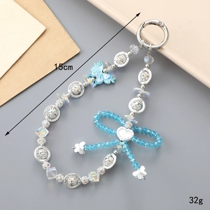 Elegante ciondolo per borsa con perline, farfalla blu e fiocco di cristallo, lungo 15 cm