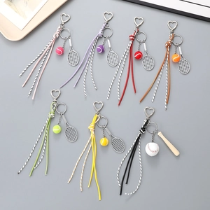 Tennis Racket Ball Keychain Woven Rope Bag Pendant Sports Style Accessory Heart Clasp Key Ring For Women Bags Decoration