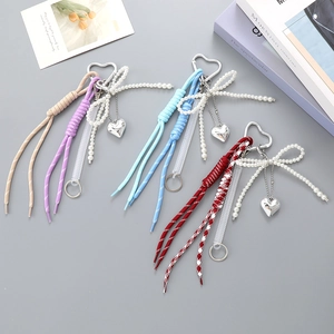 Porte-Clés Mode Nœud Cœur pour Femmes Charme de Sac Avec Imitation Künstliche Perle Corde Tressée Pendentif Métal Accessoires