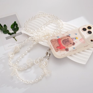 Cream phone case with oil painting bear pattern and 3D pearl bow crossbody strap