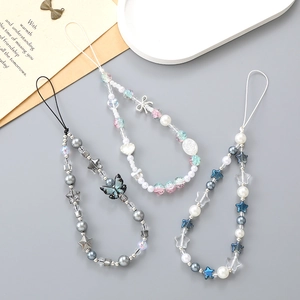 Ins Style Beaded Phone Charm Butterfly Star Heart Artificial Pearl Pendant Handmade Anti-Lost Wrist Strap For Women Phone Accessories