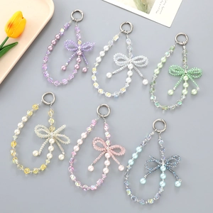 Handmade Bowknot Crystal Beaded Phone Charm With Imitation Artificial Pearl High-End Fashion Irregular Bead Bag Hanging Chain Women Jewelry