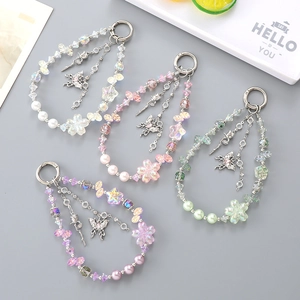Korean Ins Flower Beaded Bag Charm Butterfly Rose Pendant Women Phone Keychain Acrylic Artificial Pearl Tassel Jewelry Accessory