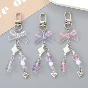 Ins Cute Cartoon Bear Bow Keychain Acrylic Heart Imitation Artificial Pearl Bag Pendant Sweet Jewelry For Women Girls Keychain Gift