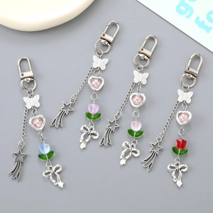 Y2K Millennial Style Flower Bow Keychain For Women Cute Tulip Heart Shooting Star Bag Pendant Handcrafted Accessory Gift