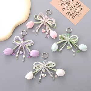 Sweet Tulip Flower Artificial Pearl Bowknot Bag Charm Fresh Floral Phone Keychain Pendant For Women Girls Backpack Ornament Gift