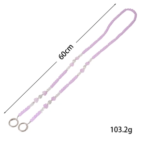 Gray and purple beaded cross-body chain with clover flower charms, 60cm length