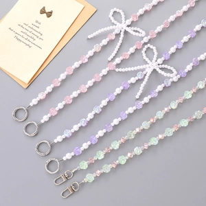 Colorful beaded phone strap with rose flower charm and pearl bow for bags and accessories
