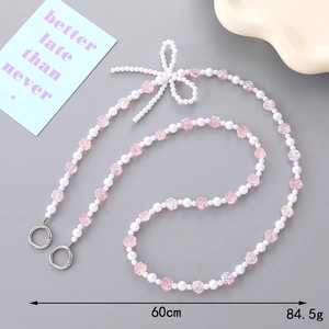 Pink and white beaded crossbody chain with pearl bow and colorful rose charms, 60cm