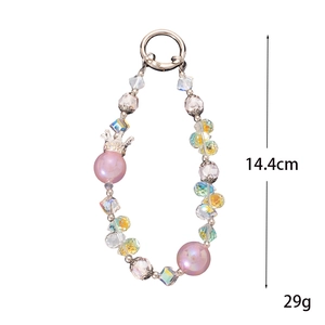 Luxury crown crystal beaded phone strap with pink pearls and silver spring hook, 14.4cm