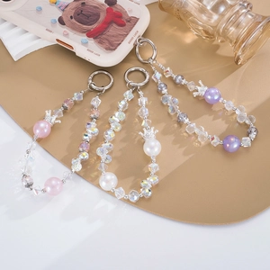 Luxurious beaded crystal phone wrist straps with crown pearls in pink white and purple
