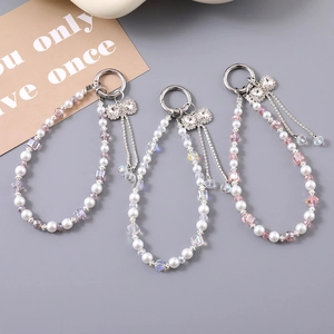 Light Luxury Rhinestone Bowknot Beaded Phone Charm Wrist Strap For Women Alloy Artificial Pearl Tassel Keychain Bag Hanging Decor