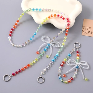 Rainbow crystal bead bag charm with sweet bowknot and silver metal ring clasp
