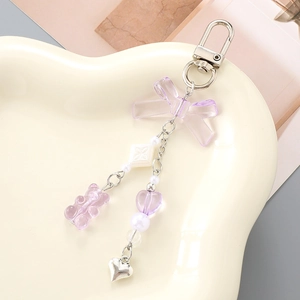 Sweet purple acrylic bow keychain with resin bear and heart charms for bags