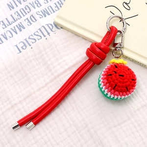 Handmade crochet watermelon slice charm with red leather cord and silver metal clasp