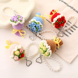Handmade crochet rose flower charms with pearl chains in various vibrant colors
