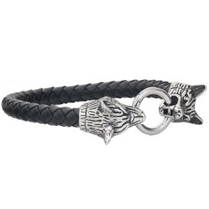 Vintage 8mm Lederarmband geflochten mit Wolfsköpfen aus Edelstahl im Wikinger-Stil